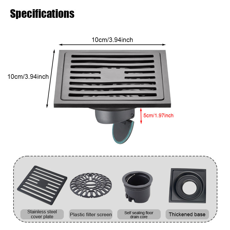 ONOJ 4x4 Inch Stainless Steel Square Shower Drain with Odor-Proof Seal and Removable Strainer