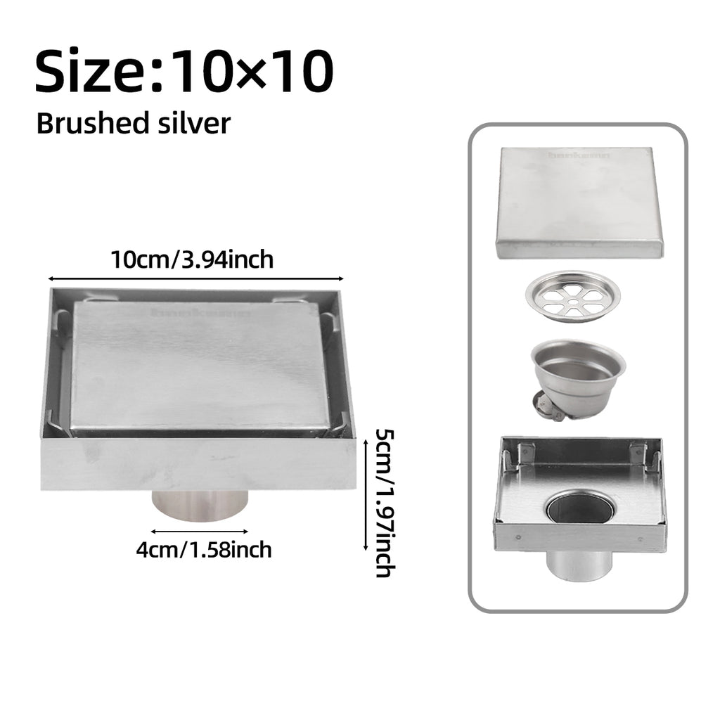 ONOJ 304 stainless steel concealed square floor drain for odor and blockage prevention, shower room floor drain 10x10