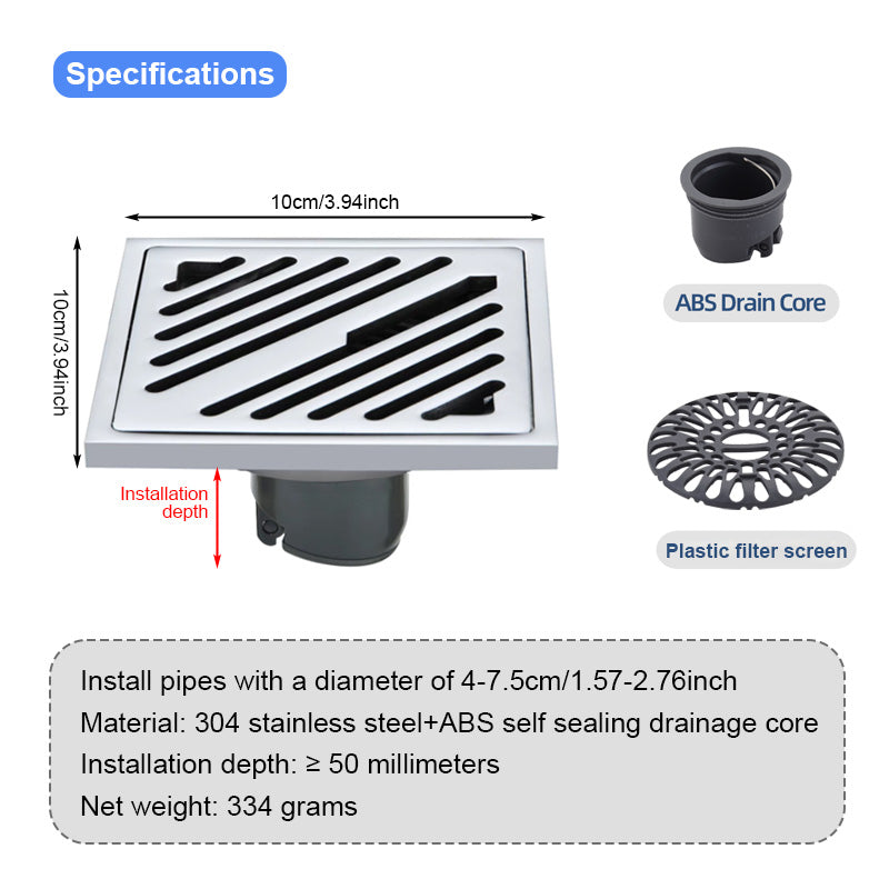 ONOJ Stainless Steel Square Shower Drain with Anti-Odor System and Removable Strainer，4x4 Inch
