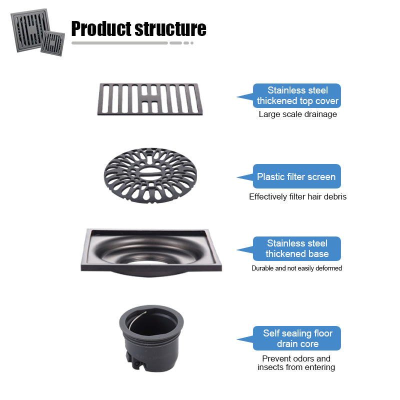 ONOJ 4x4 Inch Stainless Steel Square Shower Drain with Odor-Proof Seal and Removable Strainer
