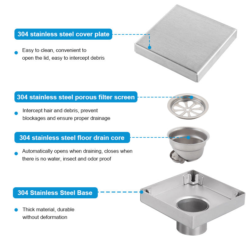ONOJ 304 stainless steel concealed square floor drain for odor and blockage prevention, shower room floor drain 10x10