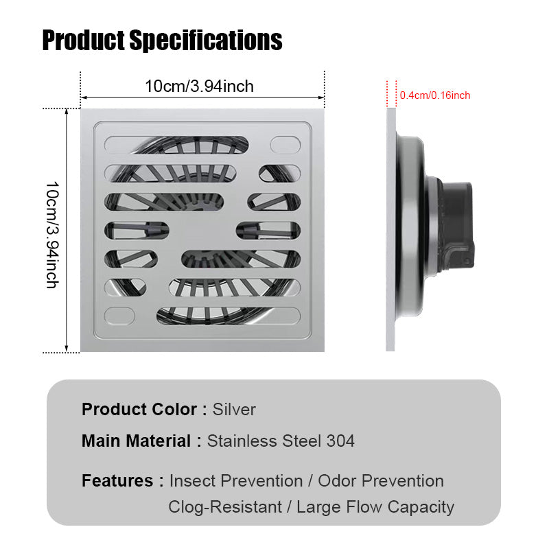 ONOJ 304 Stainless Steel Anti-Odor Square Floor Drain, Large Flow Rapid Drainage, Universal for Bathroom and Kitchen, Insect and Backflow Prevention