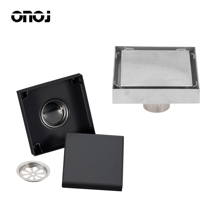 ONOJ 304 stainless steel concealed square floor drain for odor and blockage prevention, shower room floor drain 10x10
